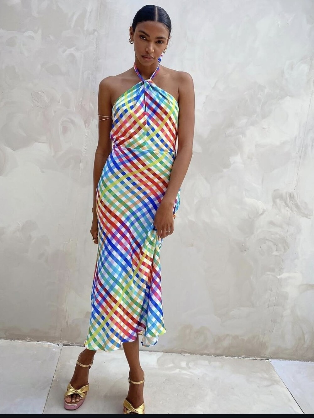 Never Fully Dressed Summer Halter Rainbow Check Midi Dress - Multicolor